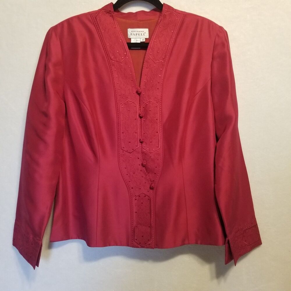 VTG Adrianna Papell 14 Blazer Jacket Red Asian Style Silk Satin Lined Old Money